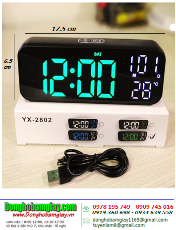 LED YX-2802, Đồng hồ LED YX-2802 treo tường (xem giờ và hiển thị thứ ngày, Nhiệt độ, cài báo thức, bấm giờ), 17.5cm x 3.5cm x 6.8cm /Bảo hành 03 tháng